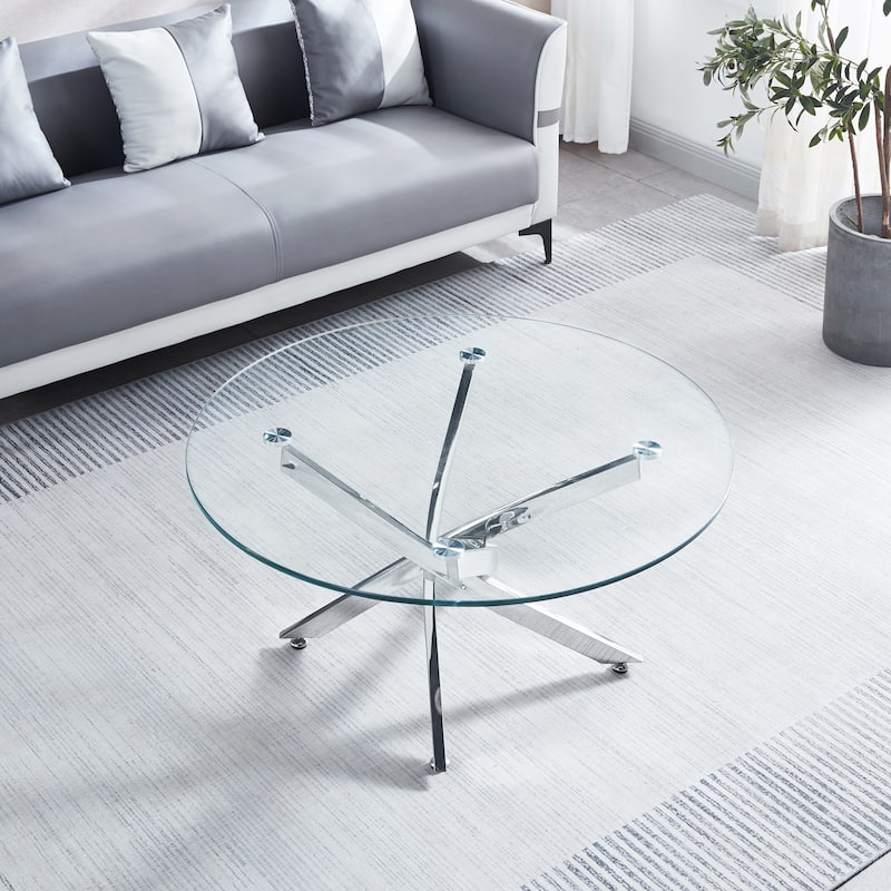Modern Round Tempered Glass Coffee Table with Chrome Legs Bed Bath