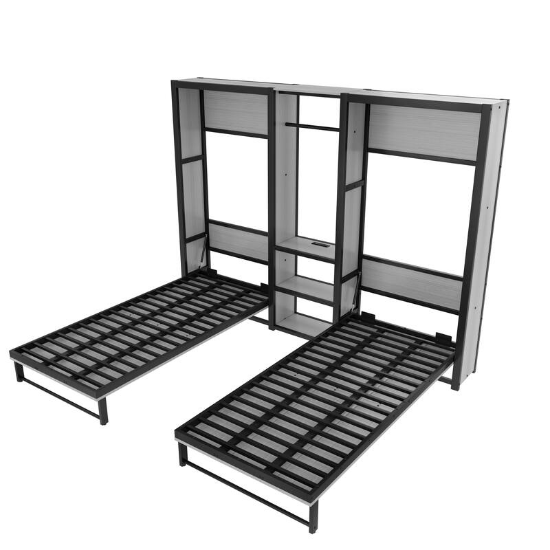 Twin/Twin Size MDF Murphy Bed with Wardrobe and Shelves,Power Outlets