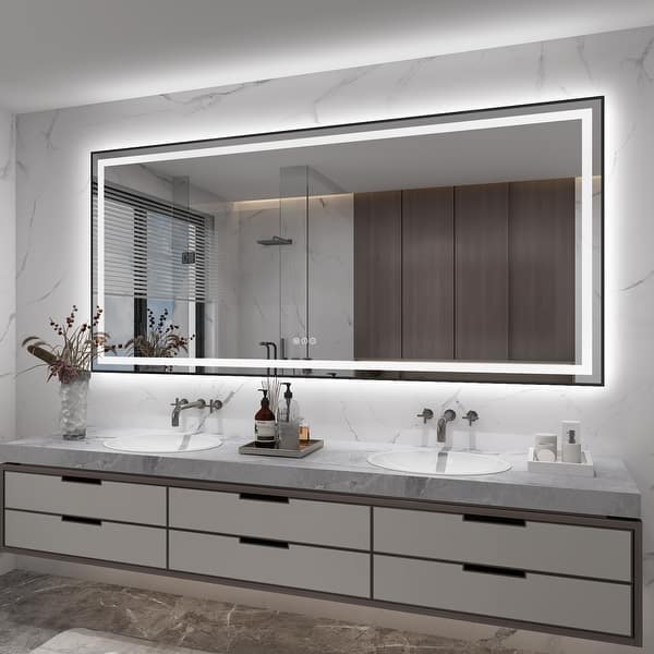 Apmir Black Metal Framed Double LED Defog Wall Bathroom Vanity Mirror