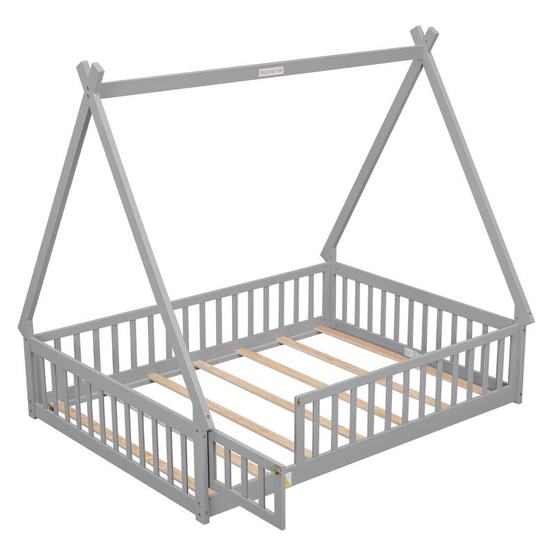 Full Size Pine Wood Tent-shaped Floor Bed, with Guardrails, Slats and Door for Kids, Boys and Girls