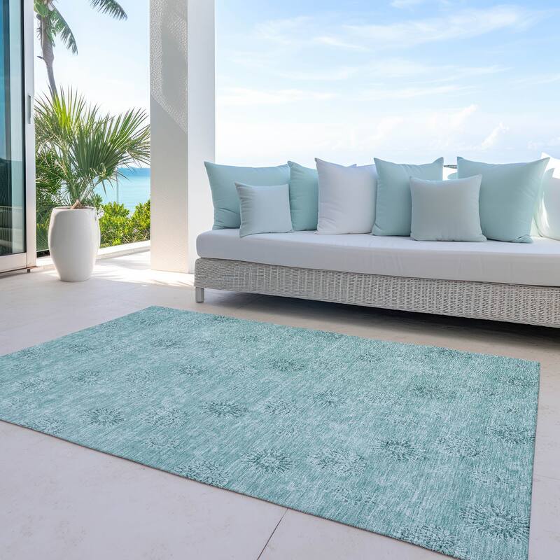 Machine Washable Indoor/ Outdoor Chantille Floral Burst Rug - Teal - 8' x 10'