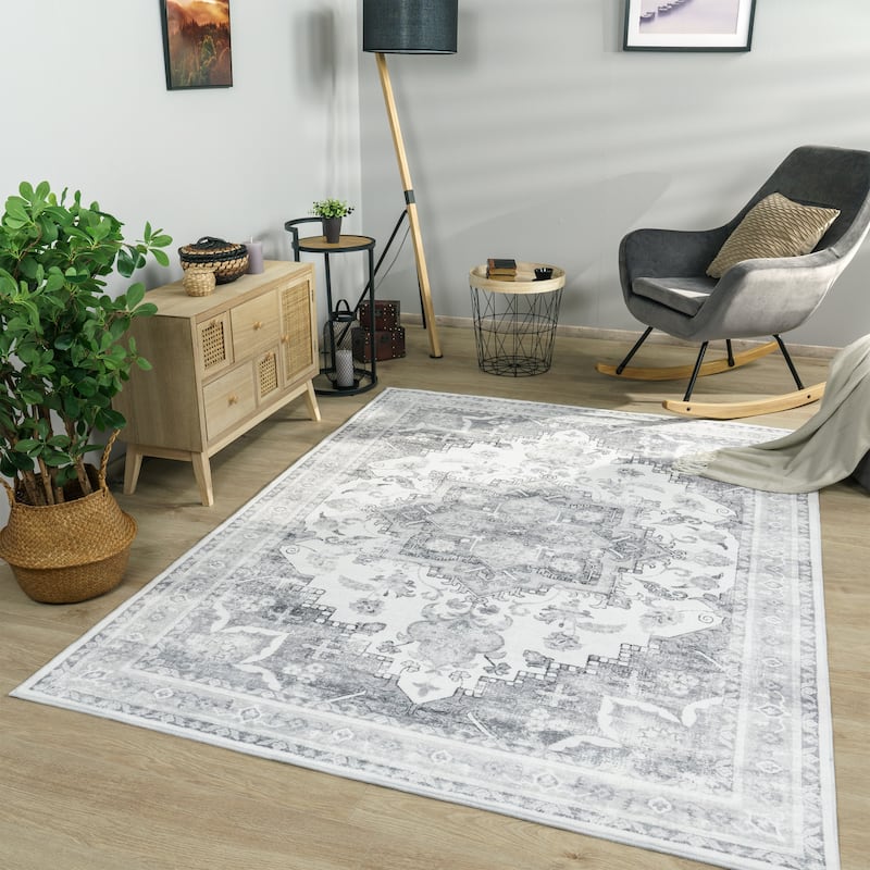 Vintage Designer Rug Bordered with Faded Oriental Look - grey - 5'3" x 7'3"