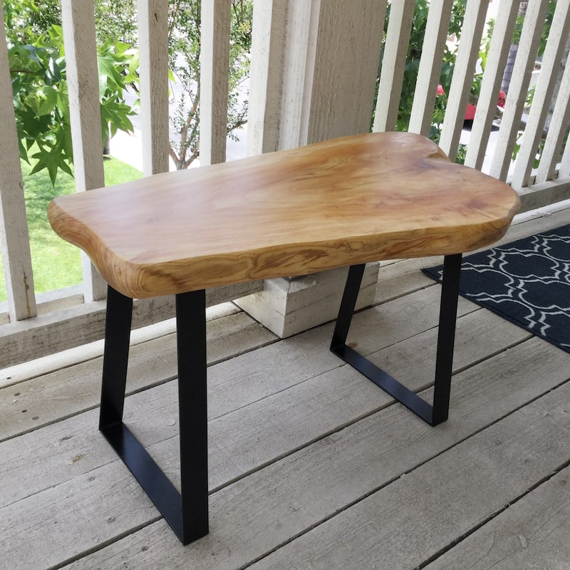 Greenage Live Edge Cut Cedar Roots Rustic Stool with Flat Iron Leg - 27.5" x 14" x 17.4"