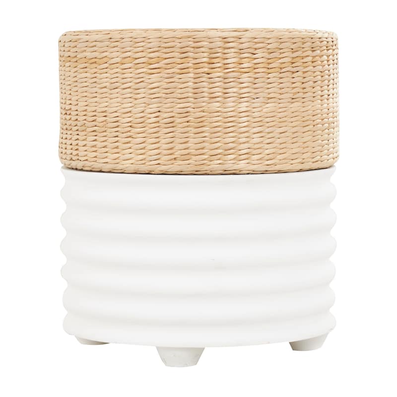 White or Black Wooden Handmade Woven Two-Toned Geometric Stool with Seagrass Top