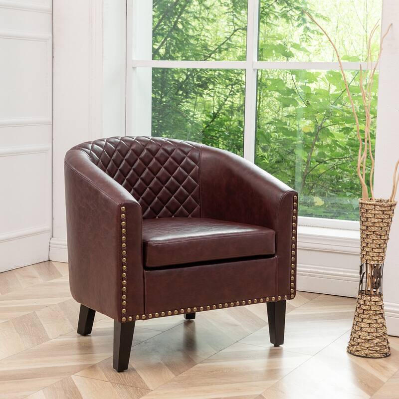 KINWELL PU Leather Tufted Barrel Chair Club Armchair with Nailheads - Red