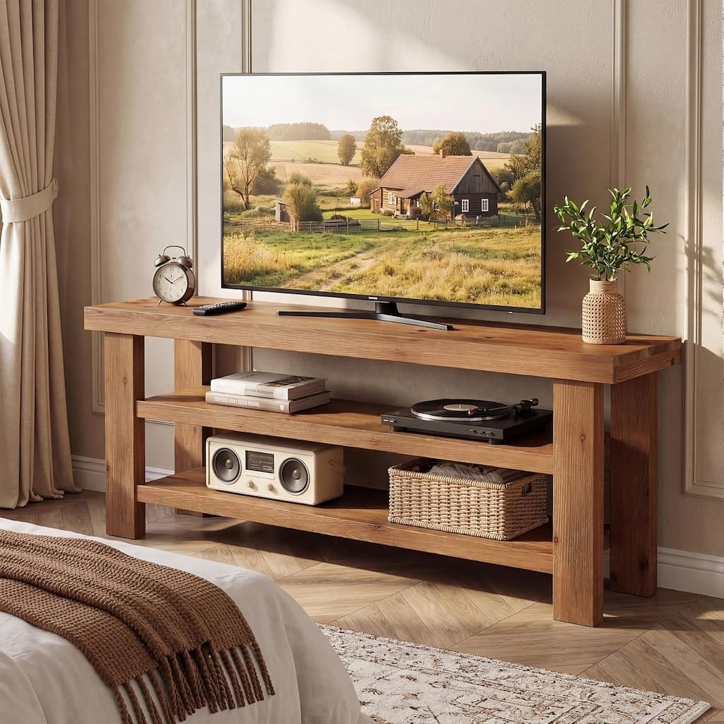 63" Solid Wood TV Stand with 2-Tier Open Storage Shelves for 55/60/65/75 Inch TVs, Media Console
