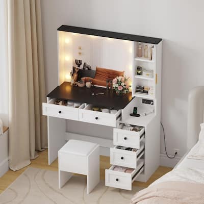 Lighted Makeup Vanity Desk with 10 LED Lights, 3 Colors, Charging Station & Stool