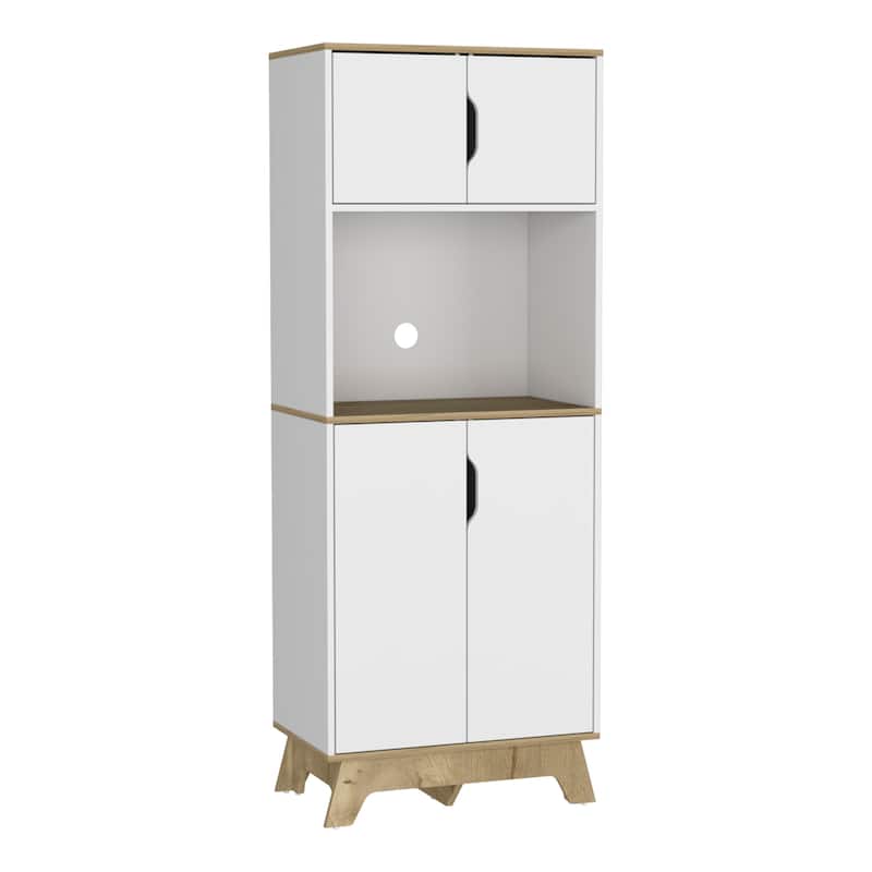 Microwave Tall Cabinet Counter Surface, Top And Lower Double Doors Cabinets -Light Oak / White