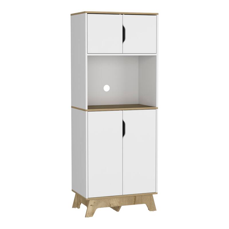 Pamplona Microwave Tall Cabinet Counter Surface, Top And Lower Double Doors Cabinets -Light Oak / White
