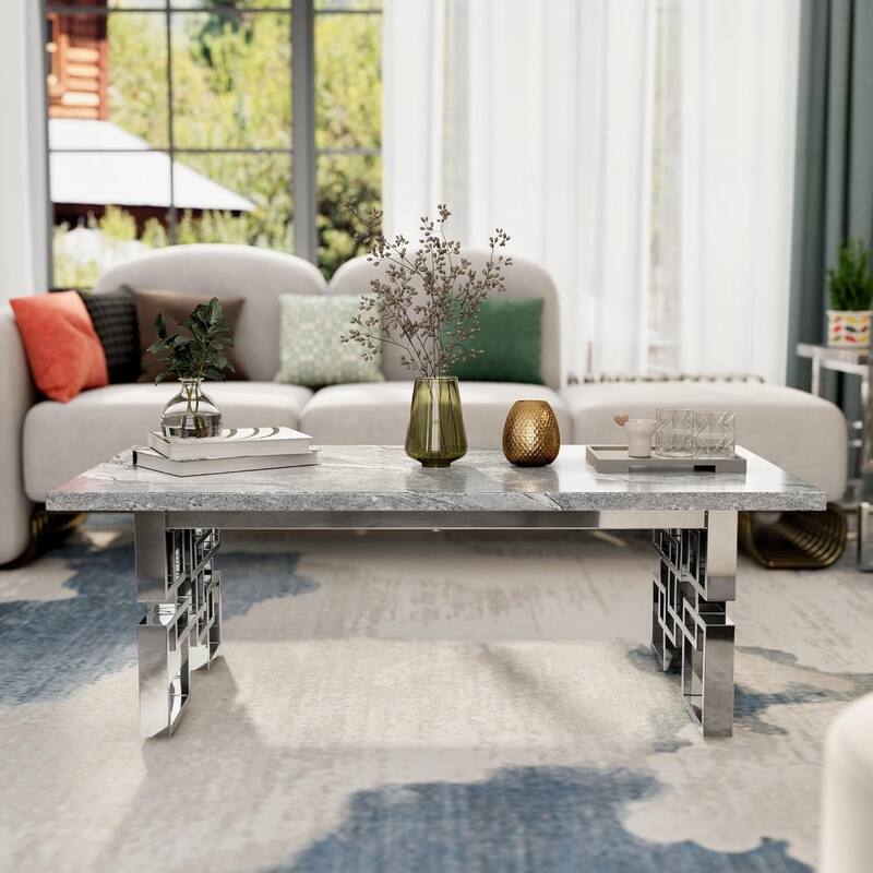 Faux Marble Coffee Table with Metal Legs for Living Room Office