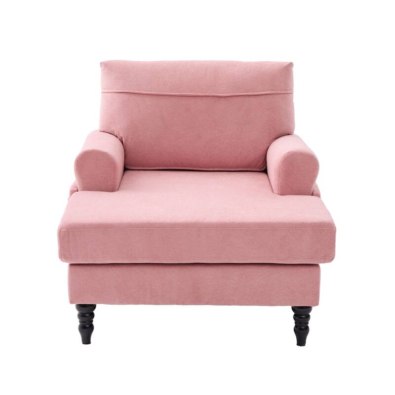 Modern Chaise Lounge Single Sofa Chair, Chenille Fabric Recliner Armchair with Side Pockets and Wooden Legs