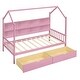preview thumbnail 17 of 30, Twin Size House Bed with 2 Drawers & Storage Shelf, Wooden Low Platform Bedframe Daybed with Roof for Kids, Teens, Girls, Boys