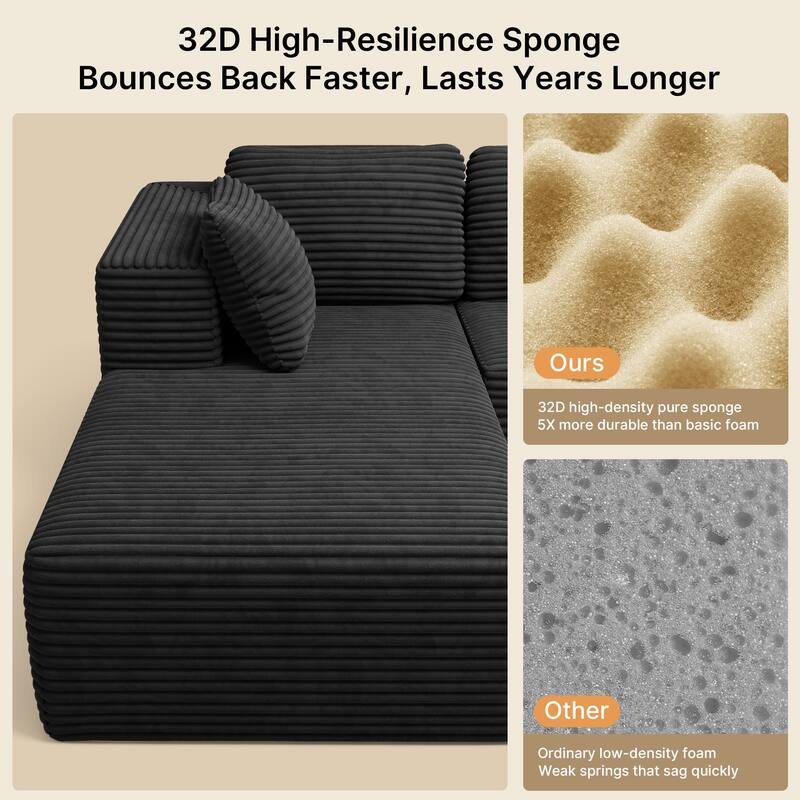 105" Cloud Sectional Couch with L-Shape Chaise, Modular Boneless Sofa, Upholstered Corduroy Couch