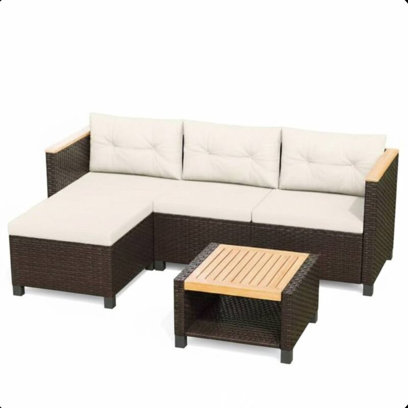 3-Piece L-Shaped Wicker Set with Beige Cushions and Acacia Wood Storage Table