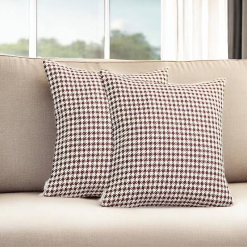 Set Of Two 18" X 18" Red Polyester Houndstooth Zippered Pillow - Red