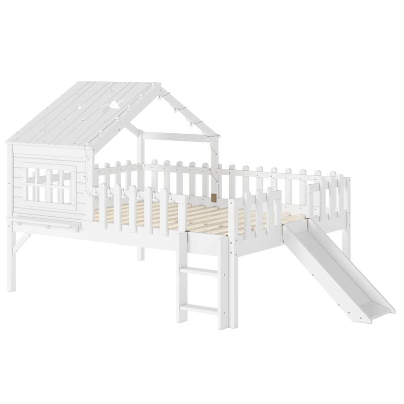House Loft Bed with Slide and LED Lights, Kids Playhouse Bed with Star & Moon Cutout Roof and Window, Low Loft Bed