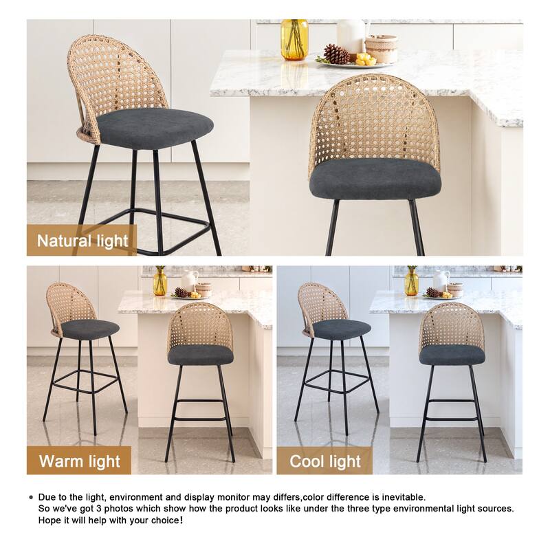 Coastal Rattan Back Counter Height Upholstered Bar Stools