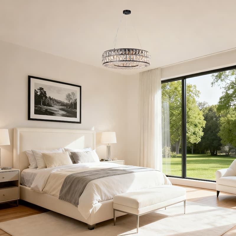 Modern Glam 8-Light Crystal Chandelier Black Drum Ceiling Light for Dining Room - D21" x H66"