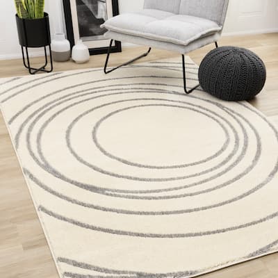 Sutton Collection - Plush Polyester Cream Grey Circle Swirl Rug