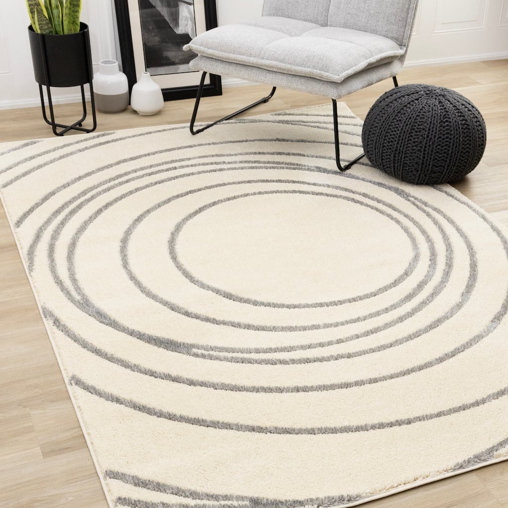 Sutton Collection - Plush Polyester Cream Grey Circle Swirl Rug