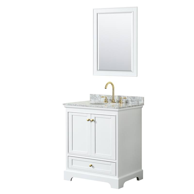 Wyndham Collection Deborah 30" Free Standing Single Vanity Set with - White / White Carrara Marble Top / Brushed Gold - Painted