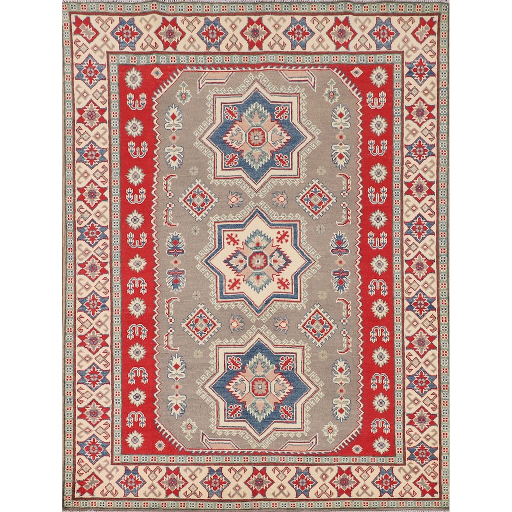 Kazak Area Rug Handmade Traditional Grey Wool Carpet - 5'0" x 6'7"