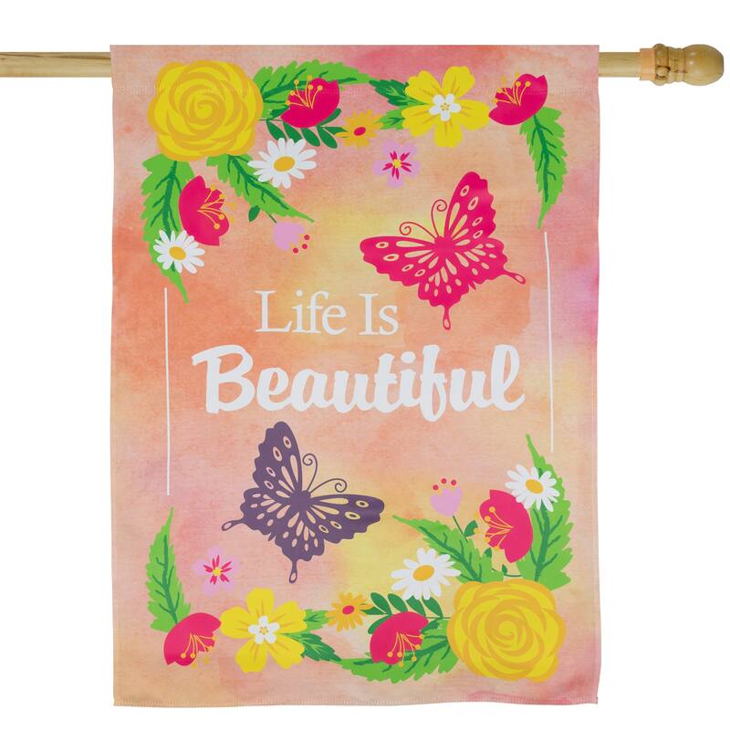 Life is Beautiful Pink Floral Outdoor House Flag 28" x 40"
