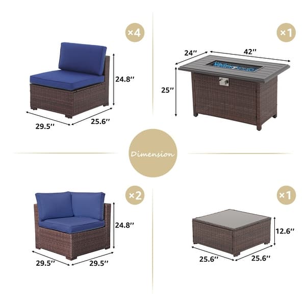 dimension image slide 4 of 9, Outdoor 8 Pieces Sectional Wicker Sofa Set with Fire Pit