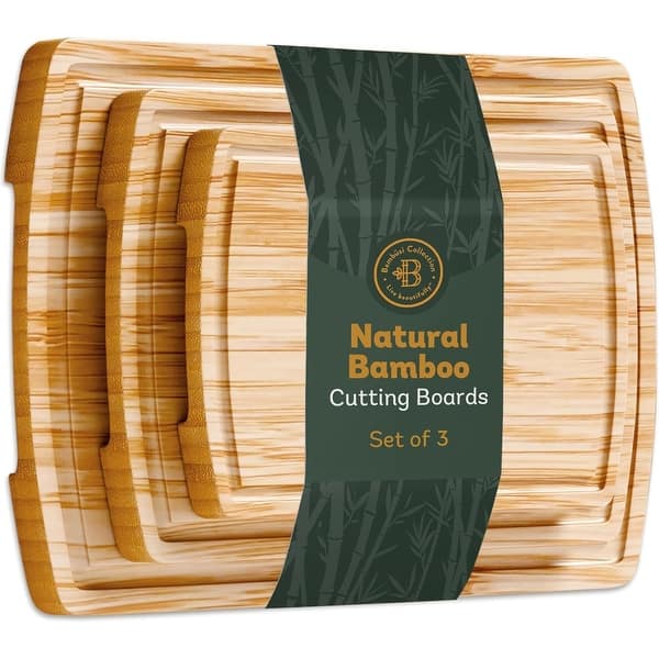 Wood Cutting Board - Bamboo Cutting Board Set, Wooden Cutting Boards for Kitchen with Deep Juice Groove, Side Handles - 3-Piece