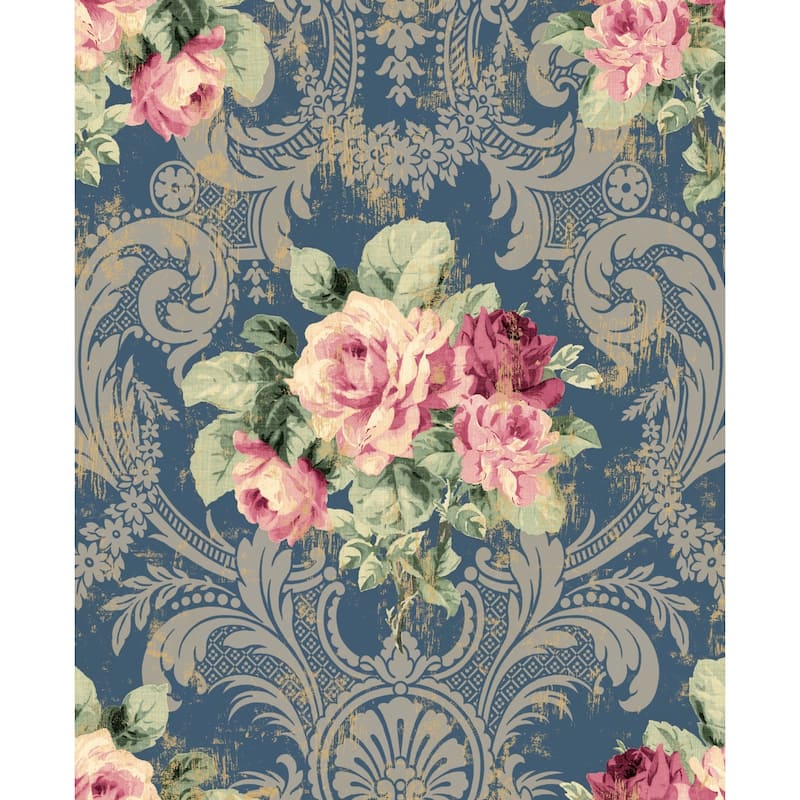 Seabrook Designs Bethany Floral Unpasted Wallpaper - 20.5 in. W x 33 ft. L - Metallic Navy Blue & Fuchsia