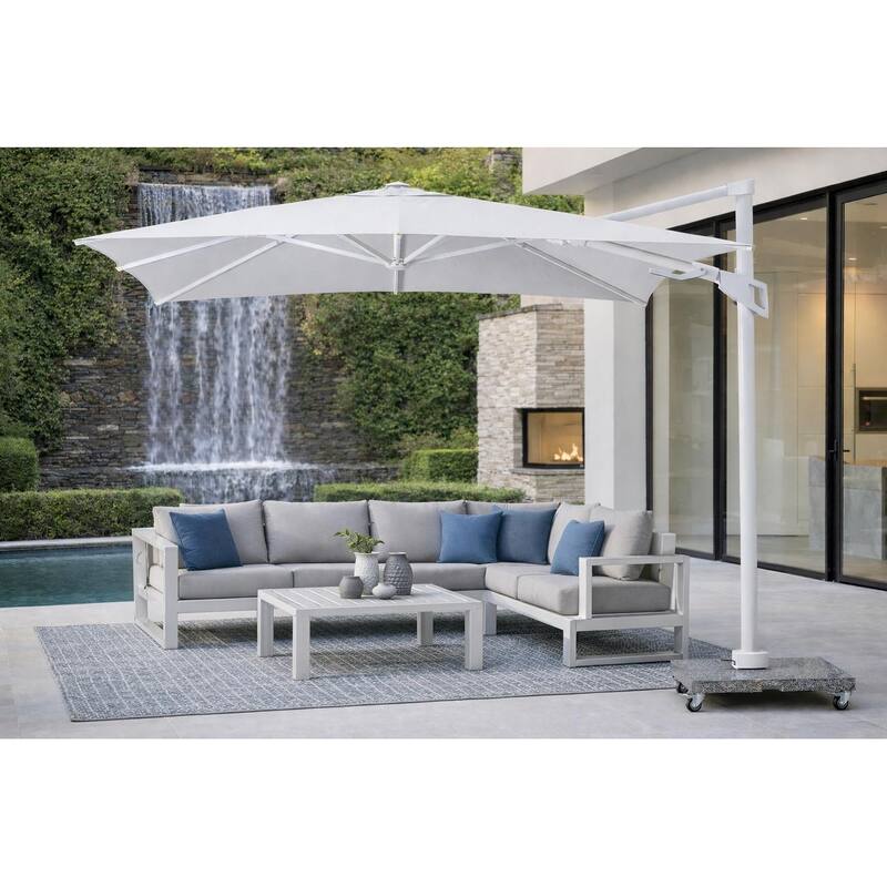 Piola All White 10 ft. Square Aluminum Outdoor Patio Cantilever Umbrella with Granite Base