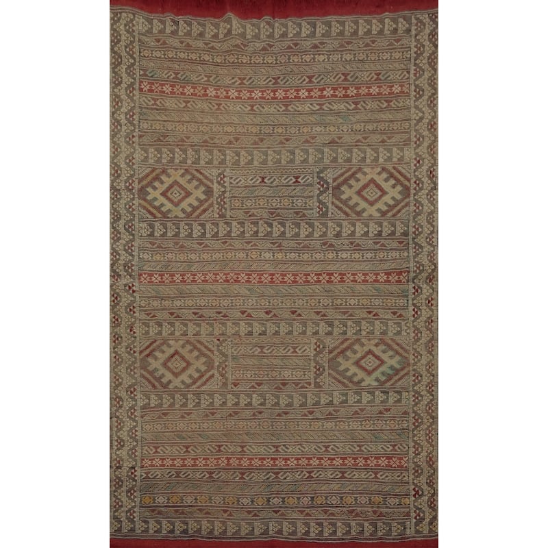 Hand Woven Oriental 100% Wool Carpet Traditional Tribal Beige & Ivories Durrie-Kilim Area Rug - 5' 5'' X 3' 11''