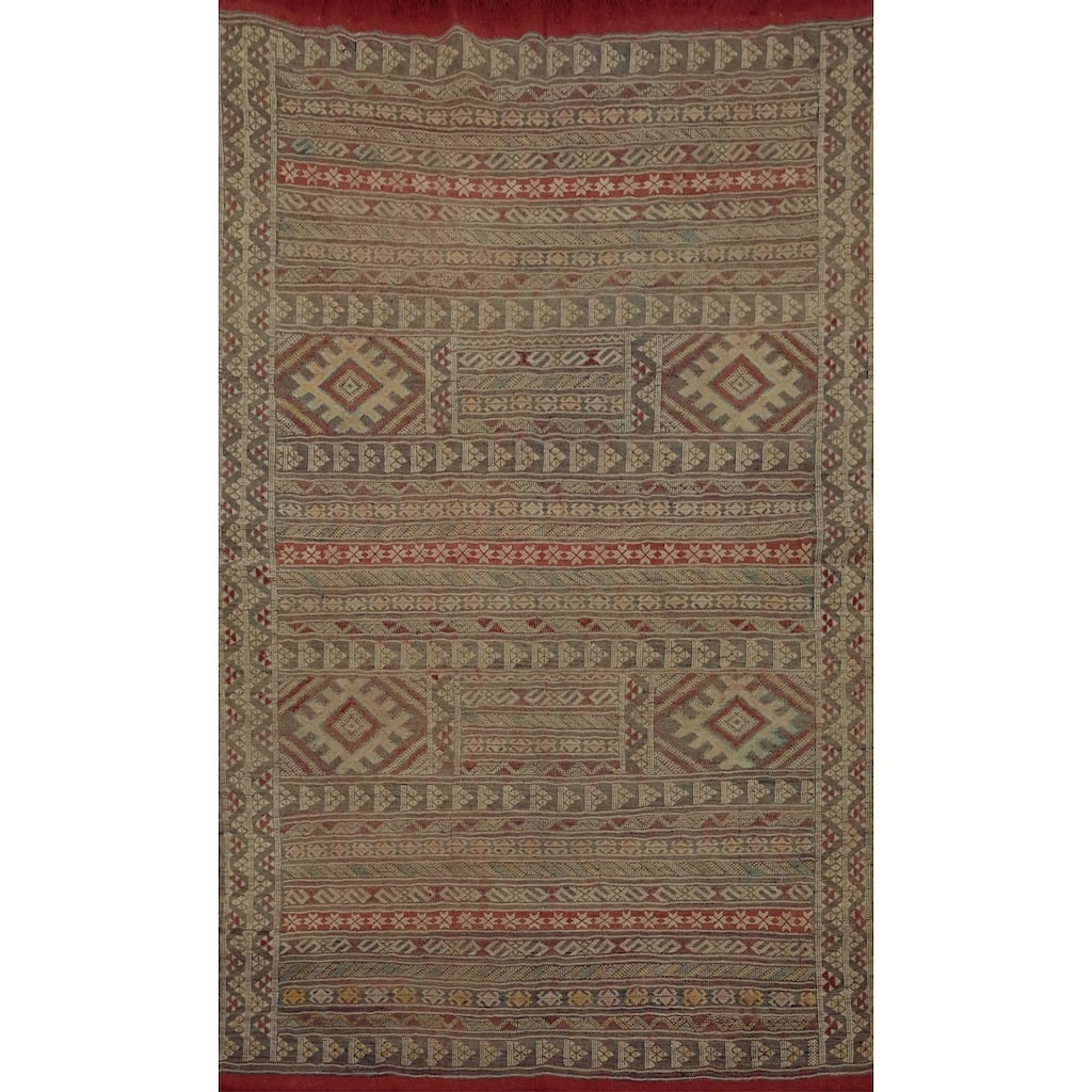 Hand Woven Oriental 100% Wool Carpet Traditional Tribal Beige & Ivories Durrie-Kilim Area Rug - 5' 5'' X 3' 11''