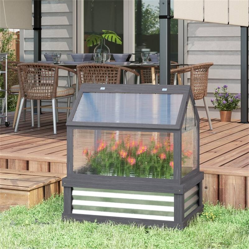 Grey-Silver Fir Wood Cold Frame Mini Greenhouse with Raised Garden Bed