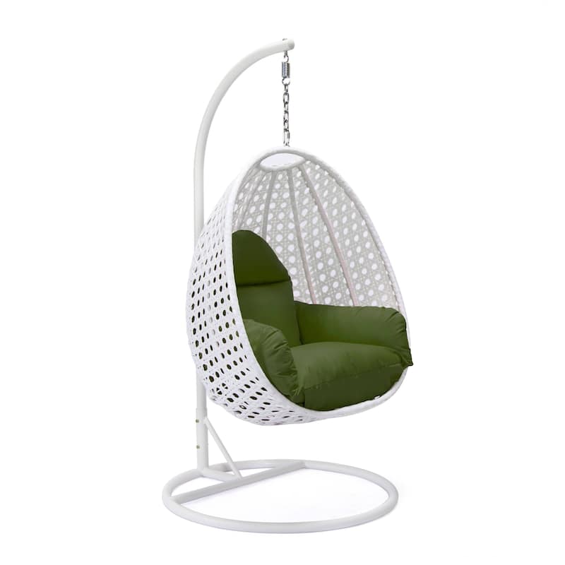Patio Hanging Egg Swing Chair with White Wicker Shell and Iron Frame for Indoor Outdoor Patio Porch Garden Backyard - Dark Green