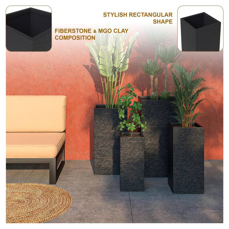 Basalt 4-Piece Tall Square Planter Set, Durable Fiberstone & Clay, Weather-Resistant Indoor/Outdoor Pots with Drainage