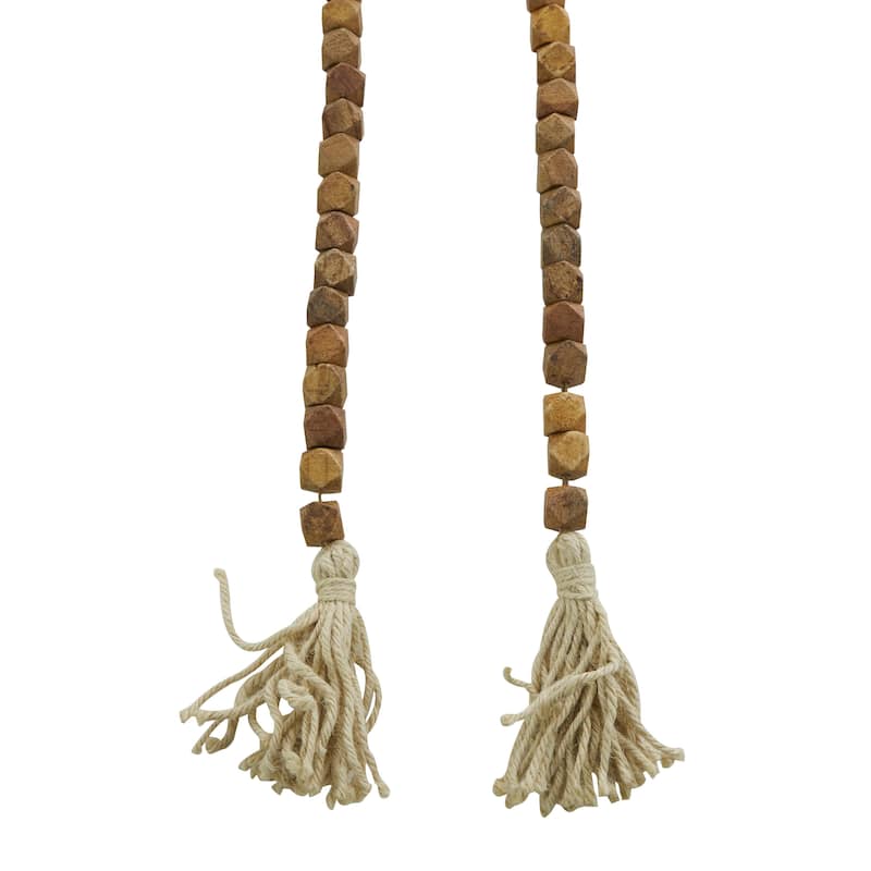 Mango Wood Handmade Hexagon Carved Geometric Long Beaded Garland with Tassel - Roche River Decor