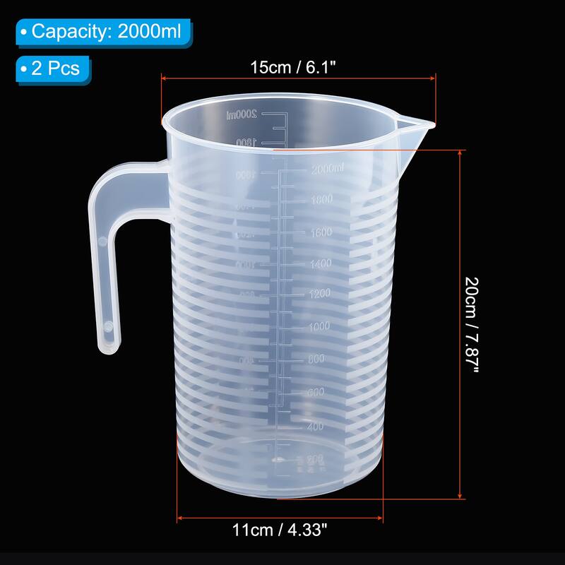 Graduated Beaker, 2 Pack 2000ml PP Plastic Cup Double Sided Graduations - Transparent - Transparent