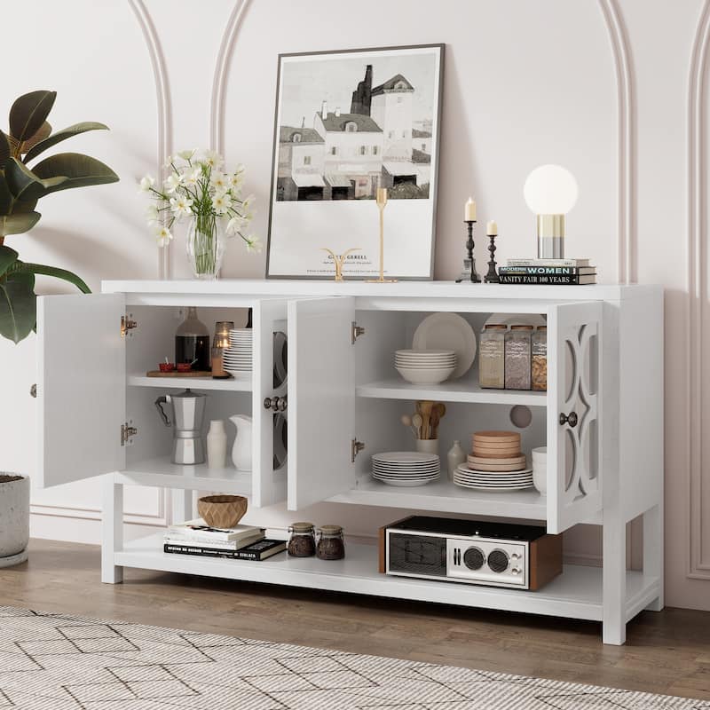 Antique White Sideboard Storage Cabinet with Mirrored Doors & Open Storage Shelf, Console Table Display Case for Living Room - Antique White