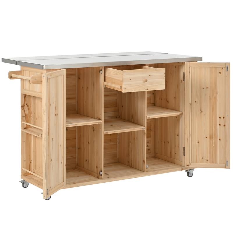 Outdoor Kitchen Island Fir Wood Kitchen Island with Stainless Steel Top, Ample Storage Space, Towel and Spice Racks