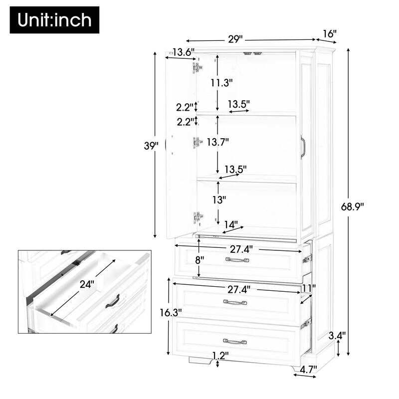 GDFStudio - Mason Tall Bathroom Cabinet with Doors, Drawers, and Adjustable Shelf