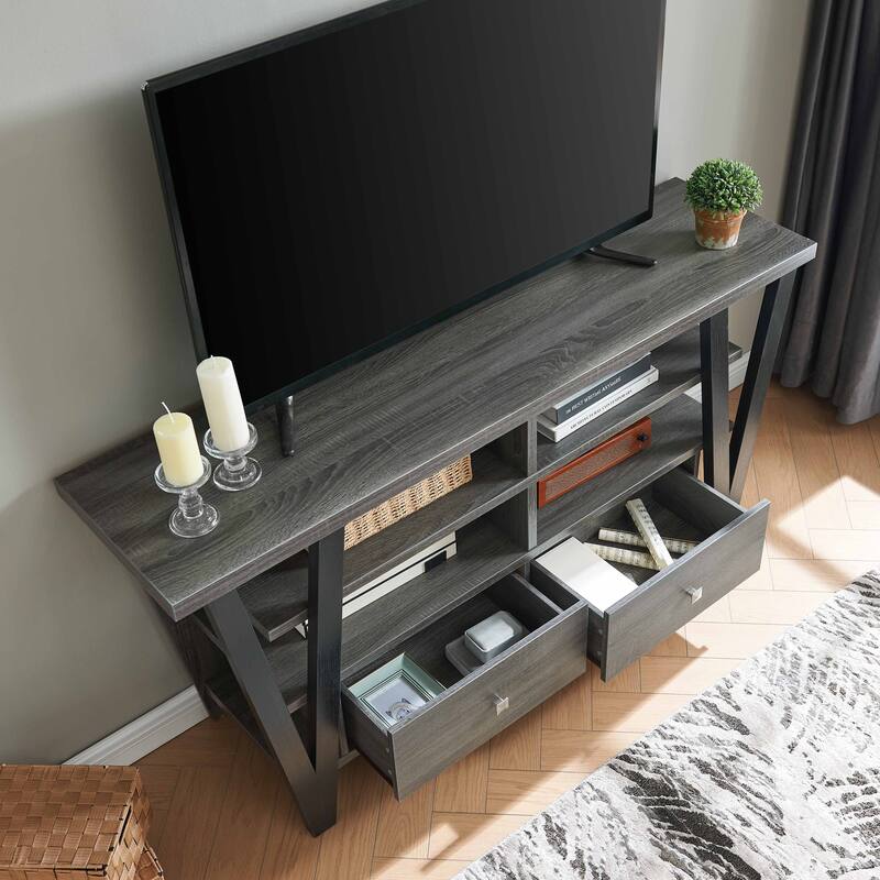 TV Stand Cabinet with curved legs one drawers on metal glides metal square handle modern design divided shelf two cubbies