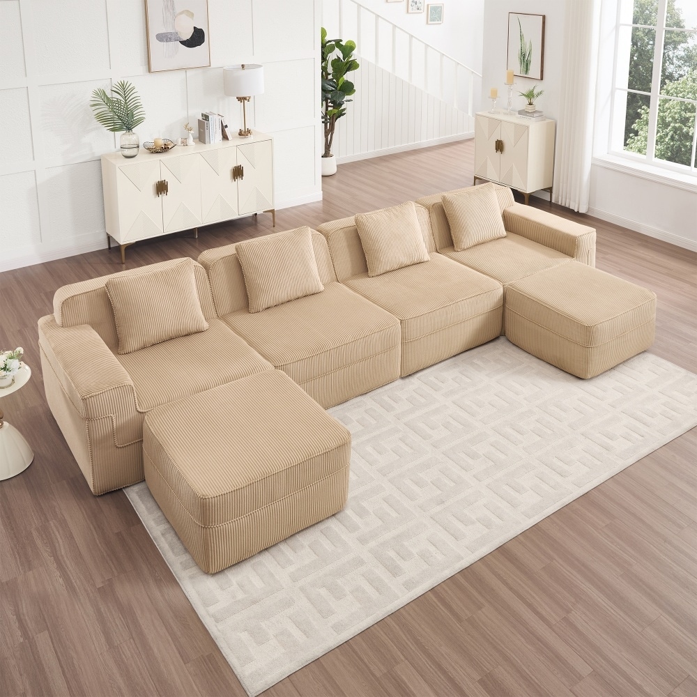 4-Seat U-shaped Corduroy Modular Boneless Cloud Sofa with 2 Movable Ottomans