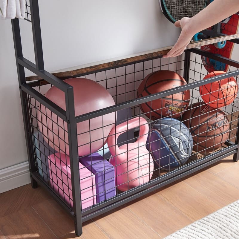 Mieres Garage Sports Equipment Organizer, Garage Ball Storage Rack, Garage Organizer with Basket and Hooks