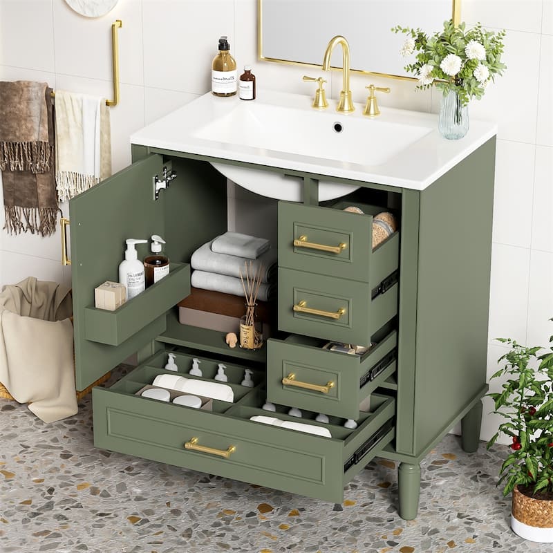 30"Bathroom Vanity with Ceramic Sink,Soft-Close Door w/Built-in Shelf