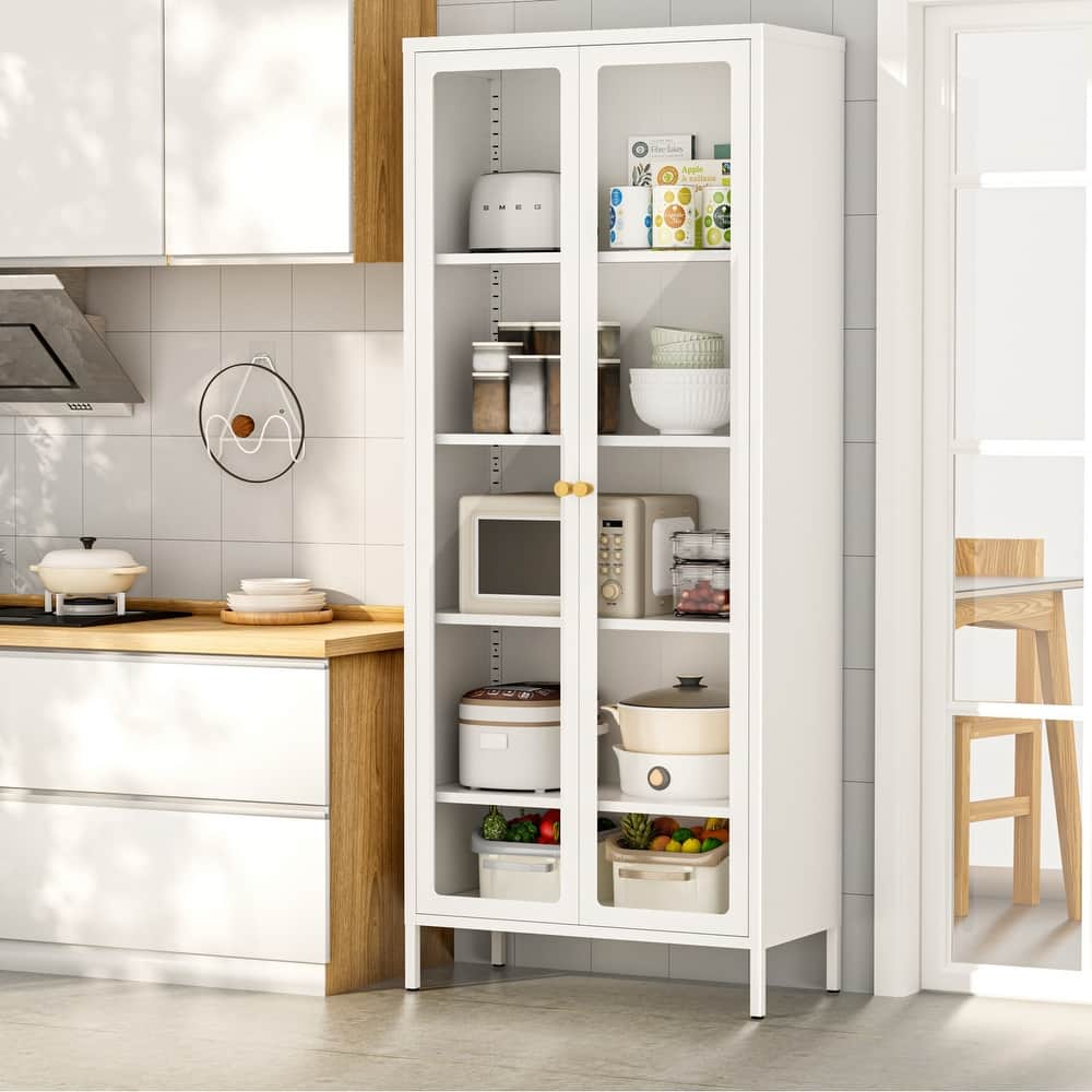 4/5-Tier Glass Curio Display Cabinet with Doors & Adjustable Storage Shelves