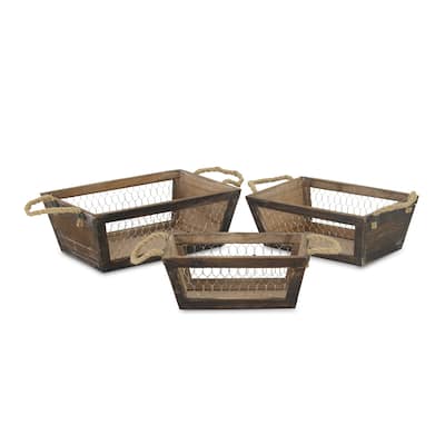 Brown Wooden Tapered Crates with Wire Panels (Set of 3)