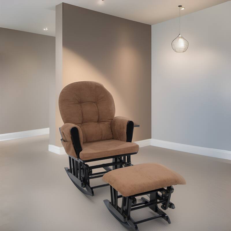Nursery Glider and Ottoman Set - Reclining Rocker Chair with Padded Back, Armrests, and Cushions - Black,Chocolate