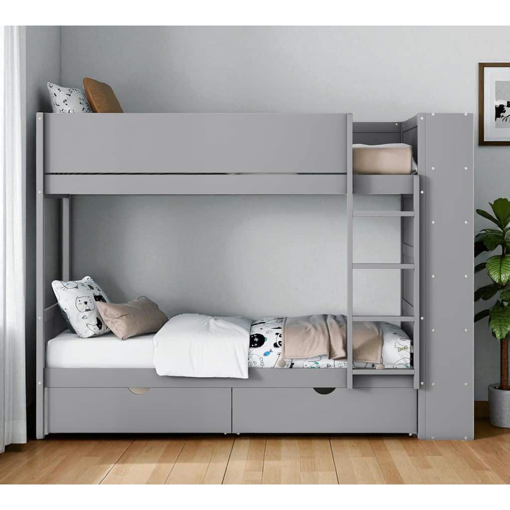 HomeRoots Gray Twin Over Twin Wood Bunk Bed With Drawers And Bookshelf