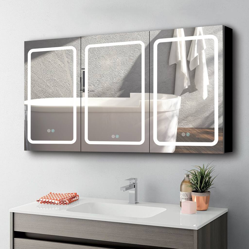 60x30 Inch LED Bathroom Medicine Cabinet Surface Mount Double Door Lighted Cabinet, Medicine Cabinets with Mirror Defogging